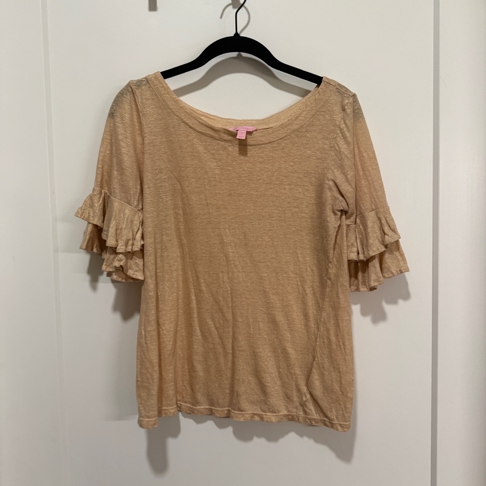 Lilly Pulitzer Tan Ruffle Sleeve Blouse